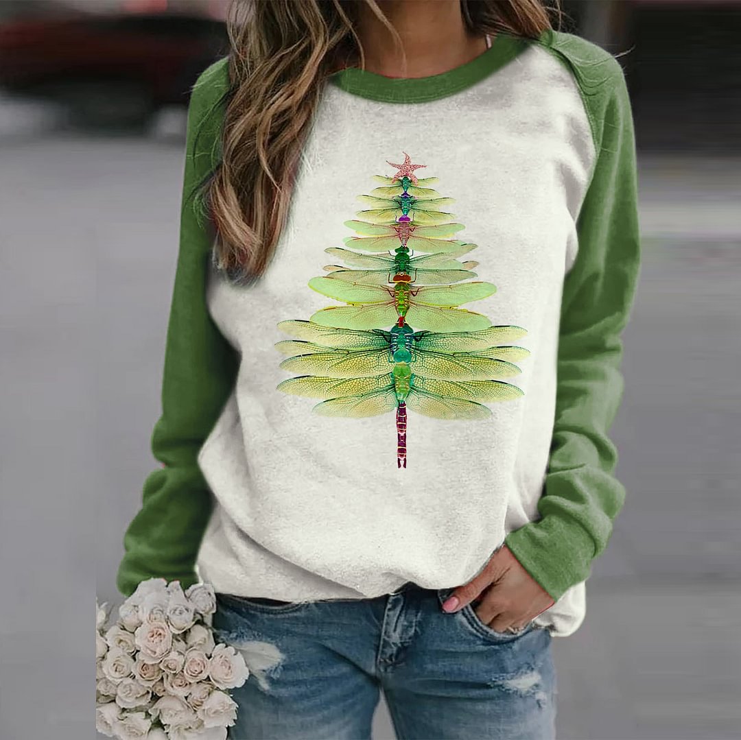 Dragonfly Design Christmas Tree Women Green Halloween Sweatshirt