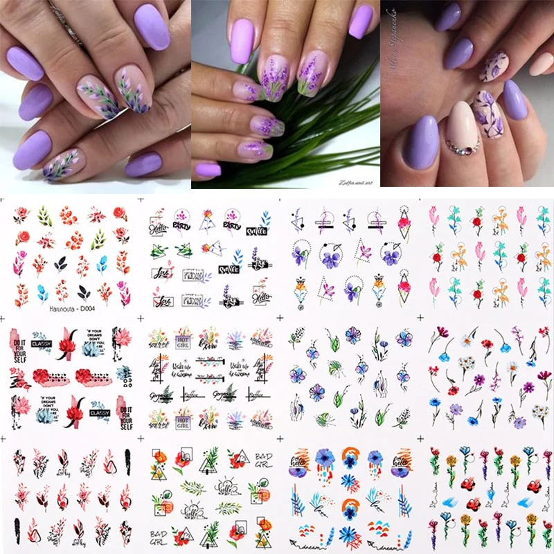 12Pcs Leaves Flowers Design Water Decals Stickers For for Nails Inscriptions Nail Art Decoration Tips-Nail Inspo