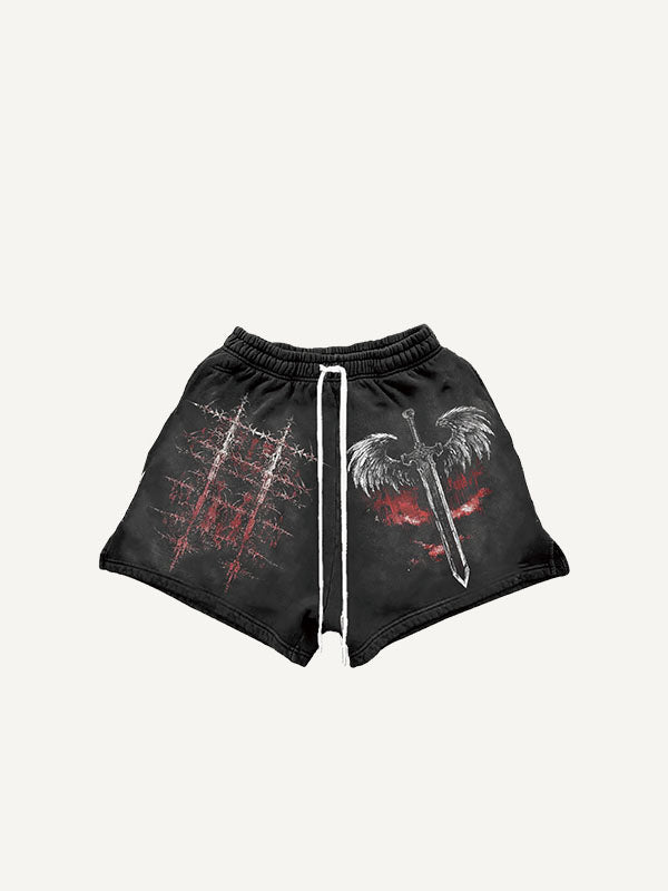 Figure&Sword&Wing Print Drawstring Waist Shorts
