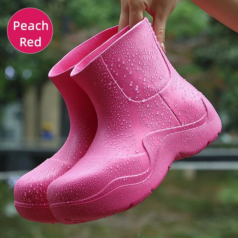 Thick Sole Design Women Rainboots Lightweight EVA Slip-on Ladies Rain Shoes Solid Outdoor Waterproof Girls Platform Ankle Boots