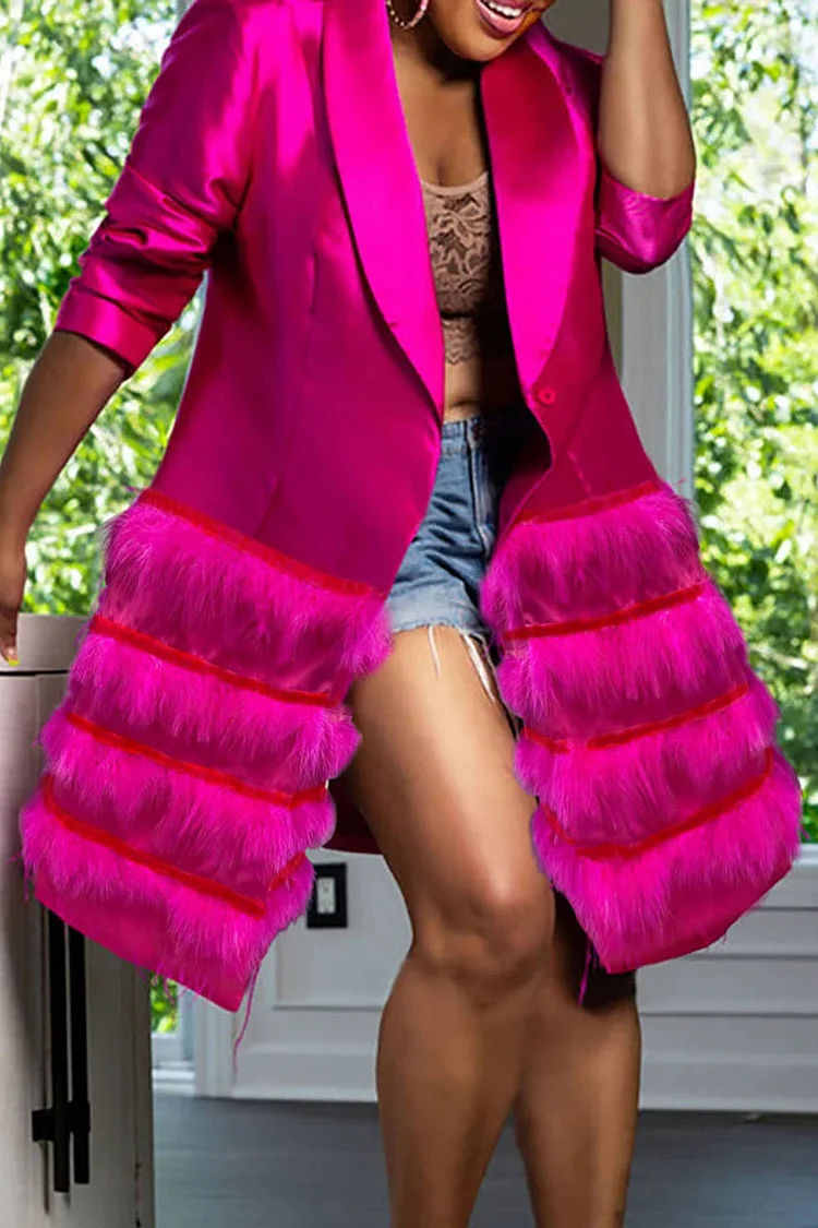 Plus Size Casual Daily Coat Businiess Magenta Lapel Feather Long Blazer Fall Winter Long Sleeve Coat