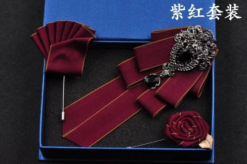 High-quality Fashion Handmade Red Diamond Bow Tie Wedding Collar Bowtie Brooch Pocket Towel Square Set Gifts for Men Accessories