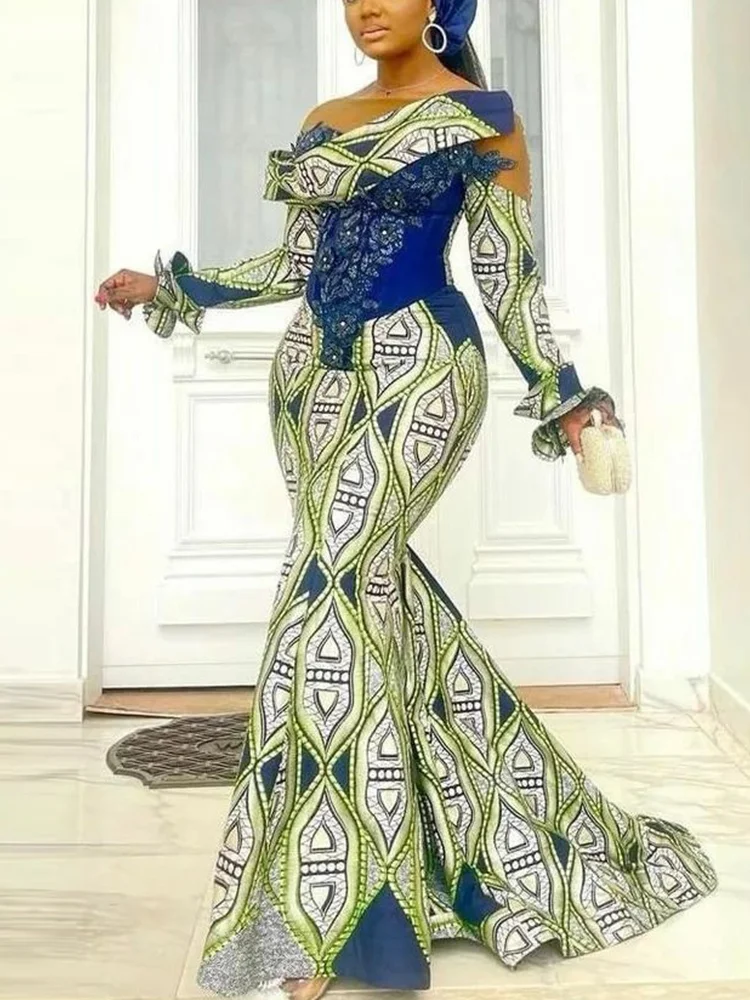 Contrast Color Printing Flared Sleeves Empire Evening Maxi Dress