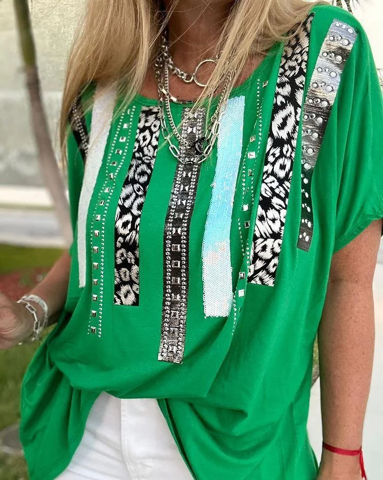 Casual Sequin Beaded Design T-shirt