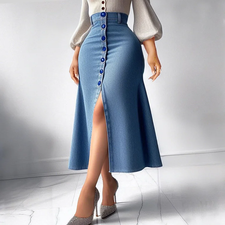 Casual High Rise Button Slit Denim Midi Skirt