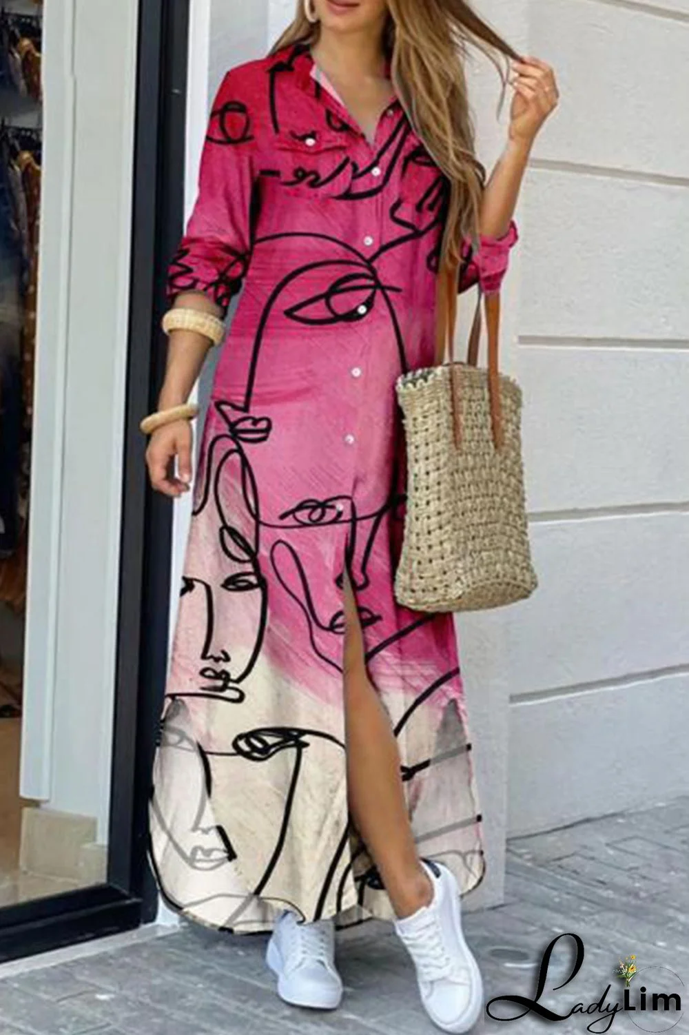 Rose Red Fashion Casual Print Slit Turndown Collar Shirt Dress