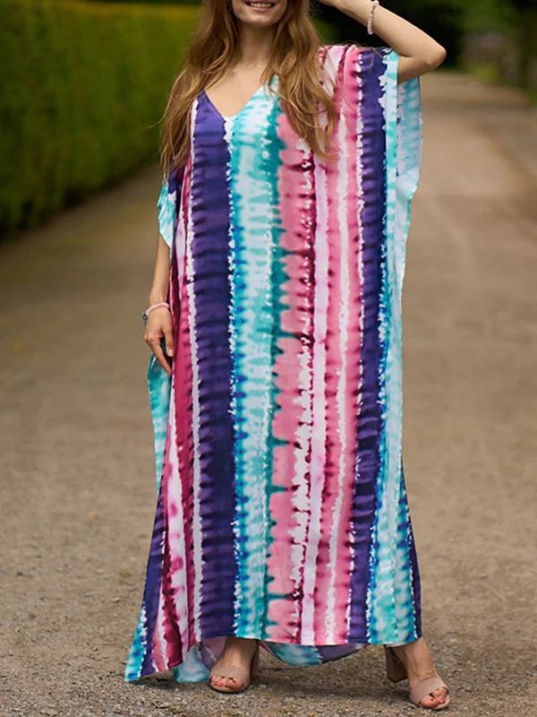 Split-Side Printed Contrast Color Short Sleeves Loose V-Neck Maxi Dresses Beach Cover-Up