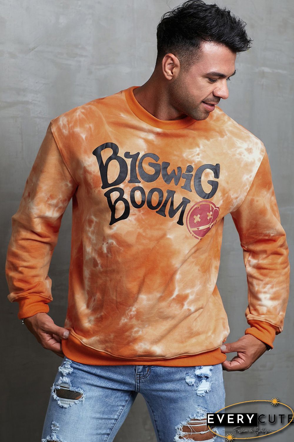 Orange Tie-dyed Letter Print Crew Neck Men's Graphic Sweatshirt