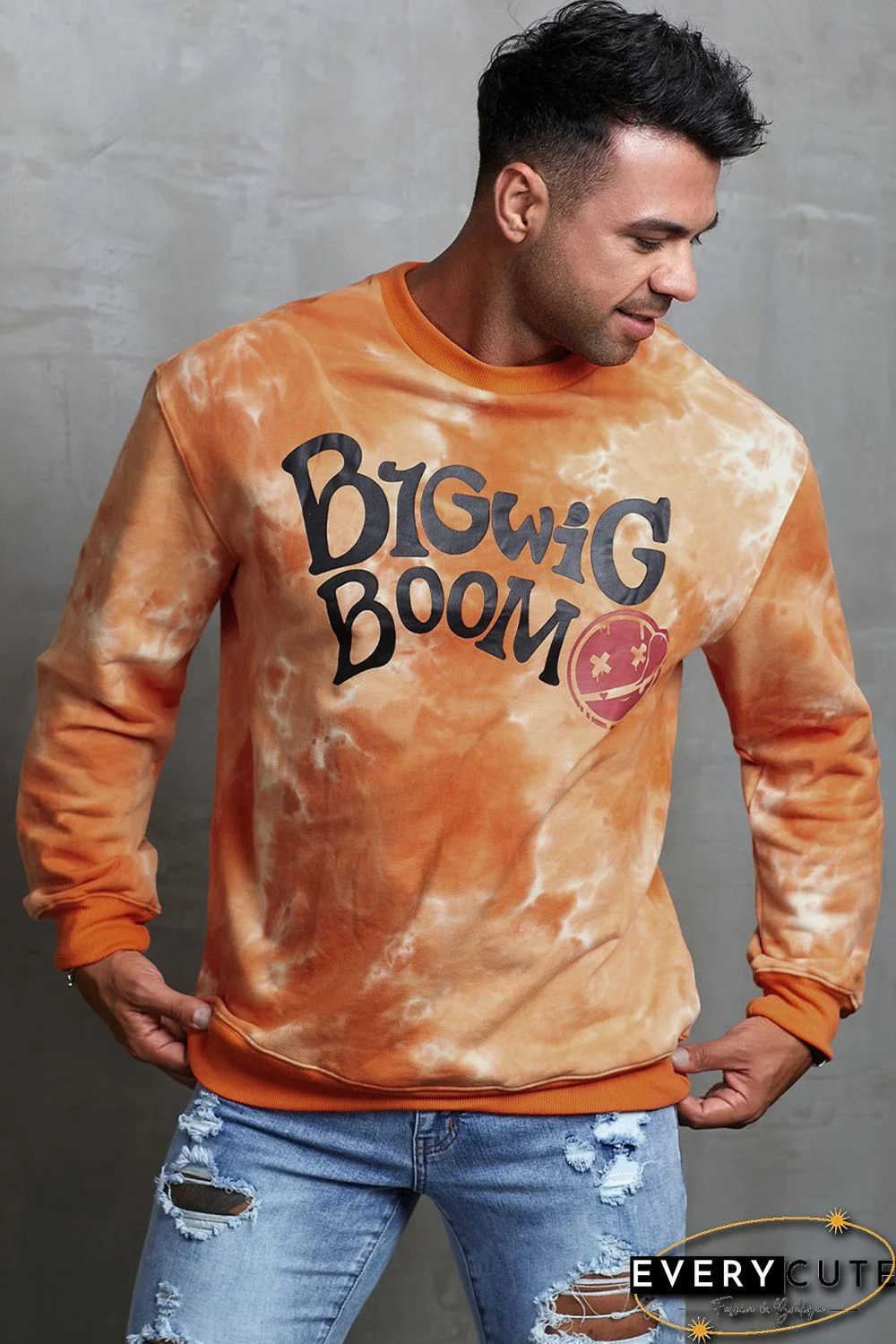 Orange Tie-dyed Letter Print Crew Neck Men's Graphic Sweatshirt