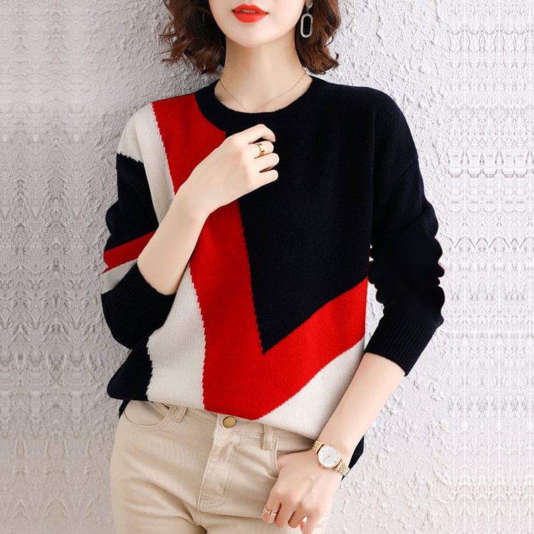 Crew Neck Cotton-Blend Shift Long Sleeve Sweater QueenFunky