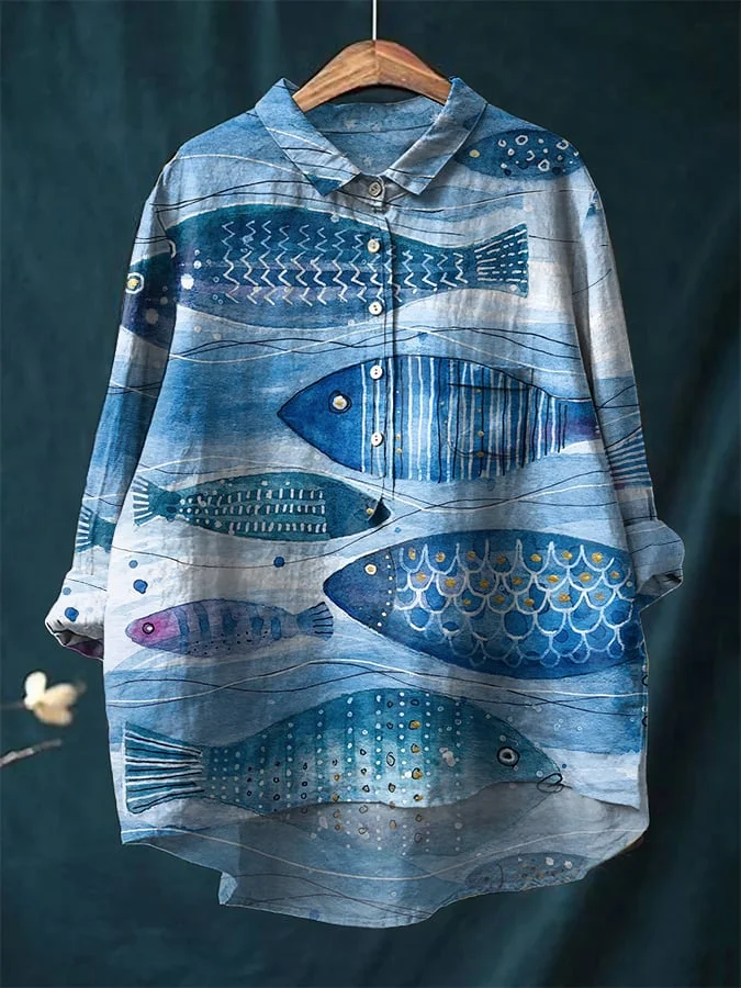 Womens Vintage Fish Print Cotton And Linen Shirt