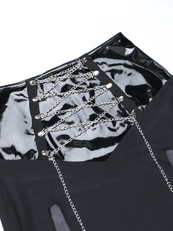 Gothic Dark Mesh Paneled Chain-trimmed See Through High Split PU Skirt