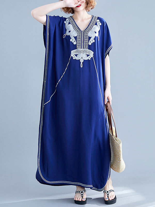 Women Retro V-Neck Slit Embroidery Print Dress