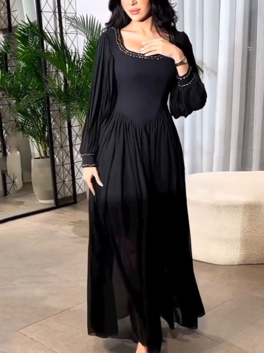 Elegant Long Sleeve U Neck Embellishments Solid Color Dress | Oxredo Shop Ramadan Sale