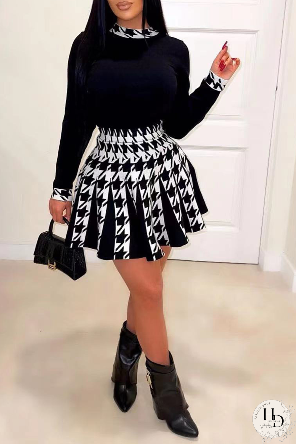 White Sexy Plaid Patchwork Half A Turtleneck Long Sleeve Two Pieces