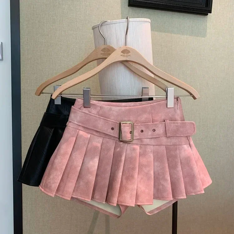 Huiketi New Winter Women¡¯s Sexy 90S PU Faux Leather Skirt Short Skinny High With Belt Short Mini Pleated Skirt With Shorts Y2K