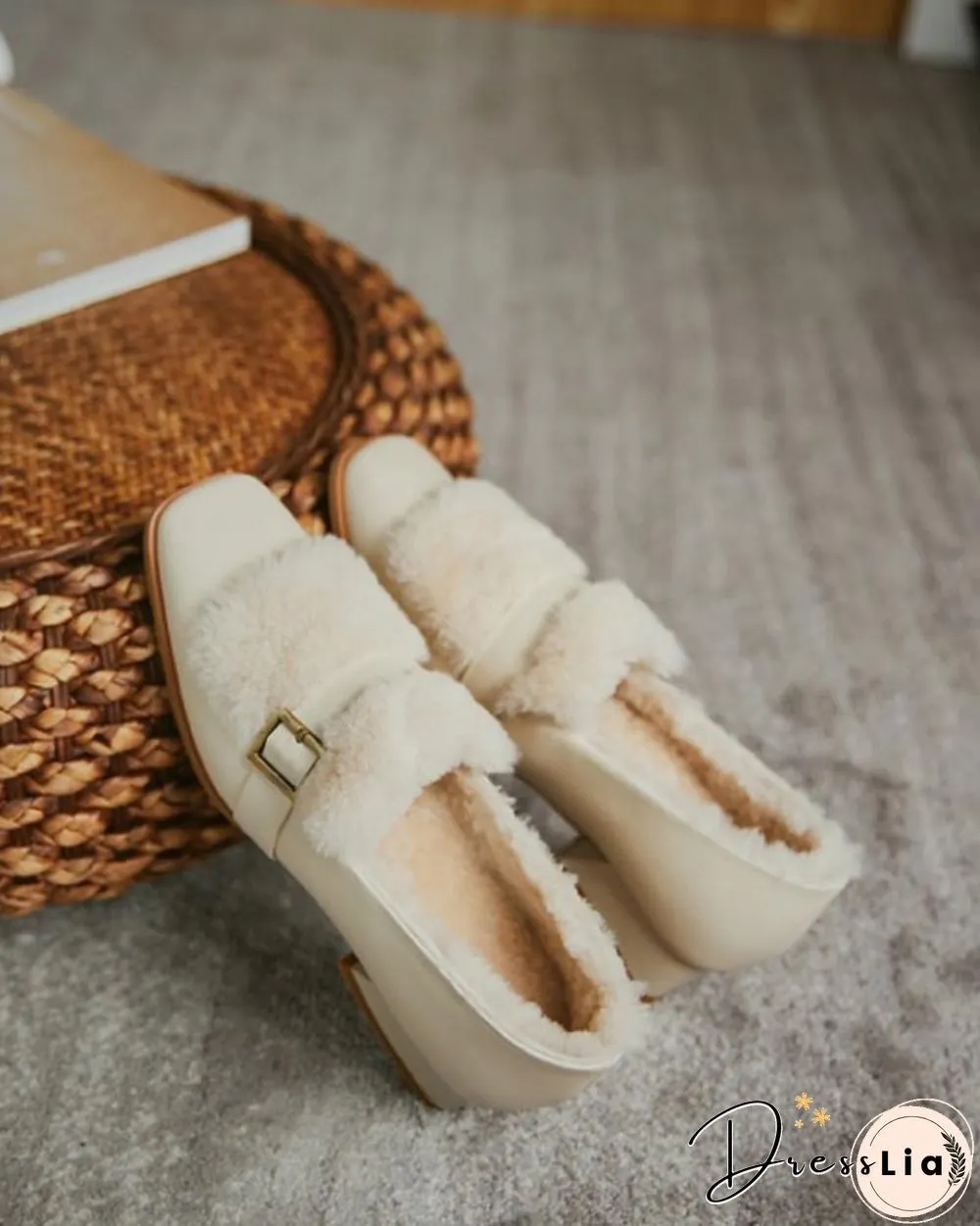 Solid One Buckle Fluffy Low Heel Loafers Slip-on