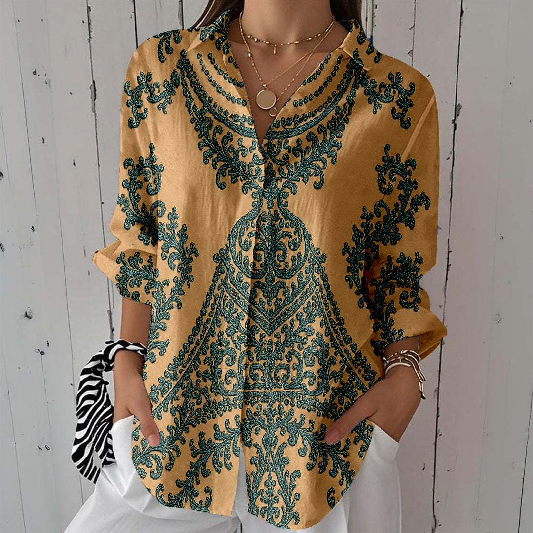 Women Long Sleeve V-neck Graphic Floral Printed Top