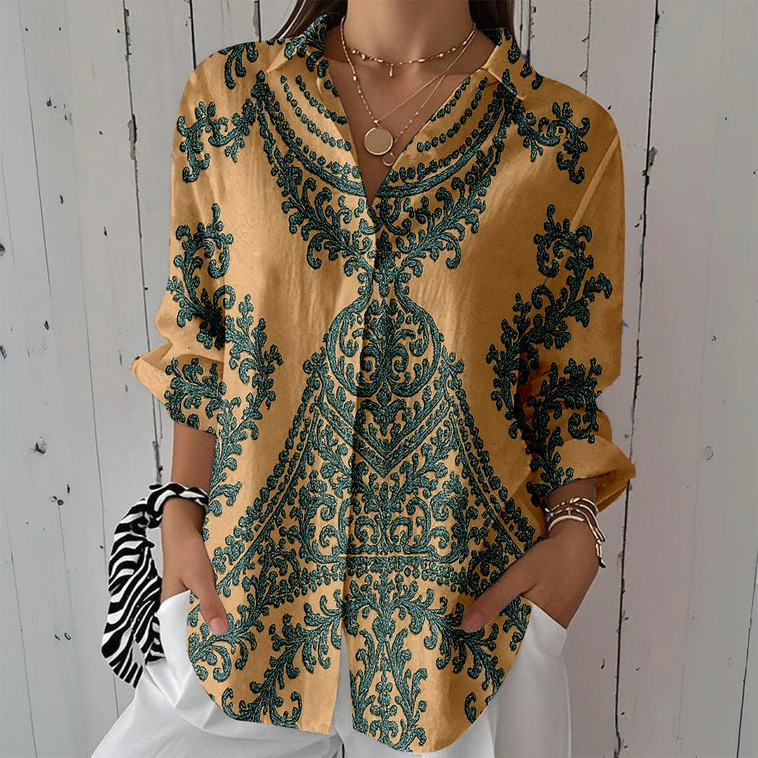 Style & Comfort for Mature Women Women Bohemian,  Apricot,  Blue DZCL0432 3/4 Sleeve Shirt Collar Printed Button Tops