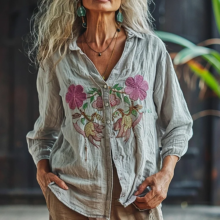 Women's Linen Casual Loose Ethnic Floral Printed Shirt
