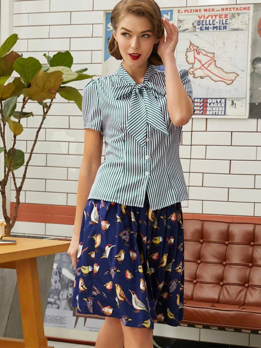 50's Women's Shirt  Bowknot Decor Pin Up Landgirl WW2 Retro Vintage Style Blouse Top