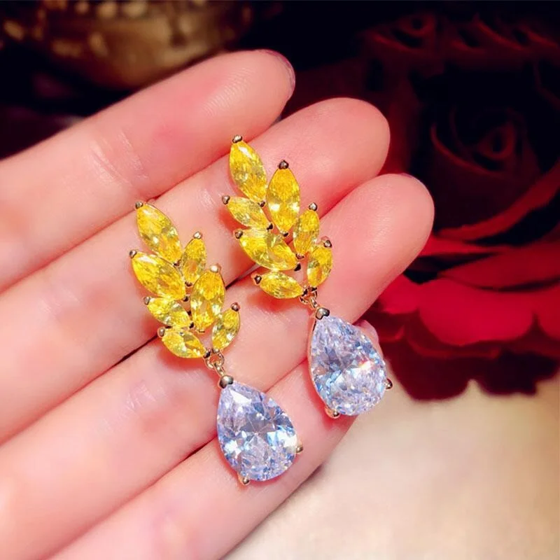 Huitan Luxury Bridal Earrings Wedding Engagement Party Fashion Accessories Unique Yellow Cubic Zirconia Dangle Ear Women Jewelry
