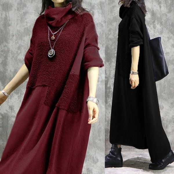 Zanzea Women Winter Fleece Patchwork Dress High Neck Casual A Line Style Maxi Shirt Dress - BlackFridayBuys