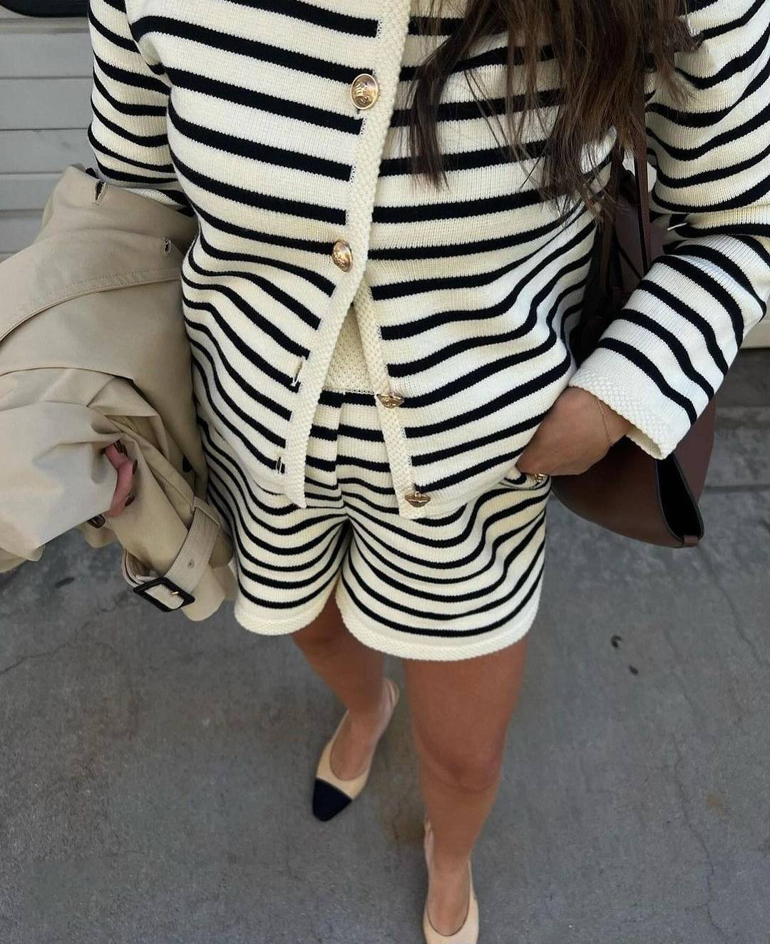 Ootddress Striped Knit 2 Piece-Set Shorts Women Fashion Zebra Printed Cardigan And High Waist Patchwork Shorts Sets Knitwear Outfits