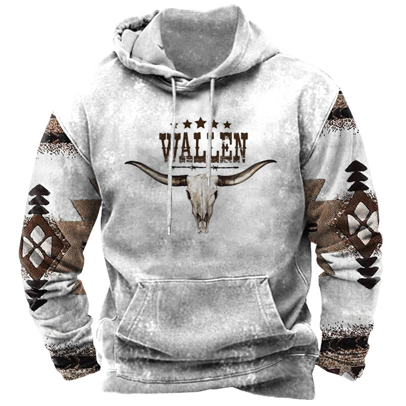 Men's Hoodie Vintage Western Wallen Denim Ethnic Print Pockets