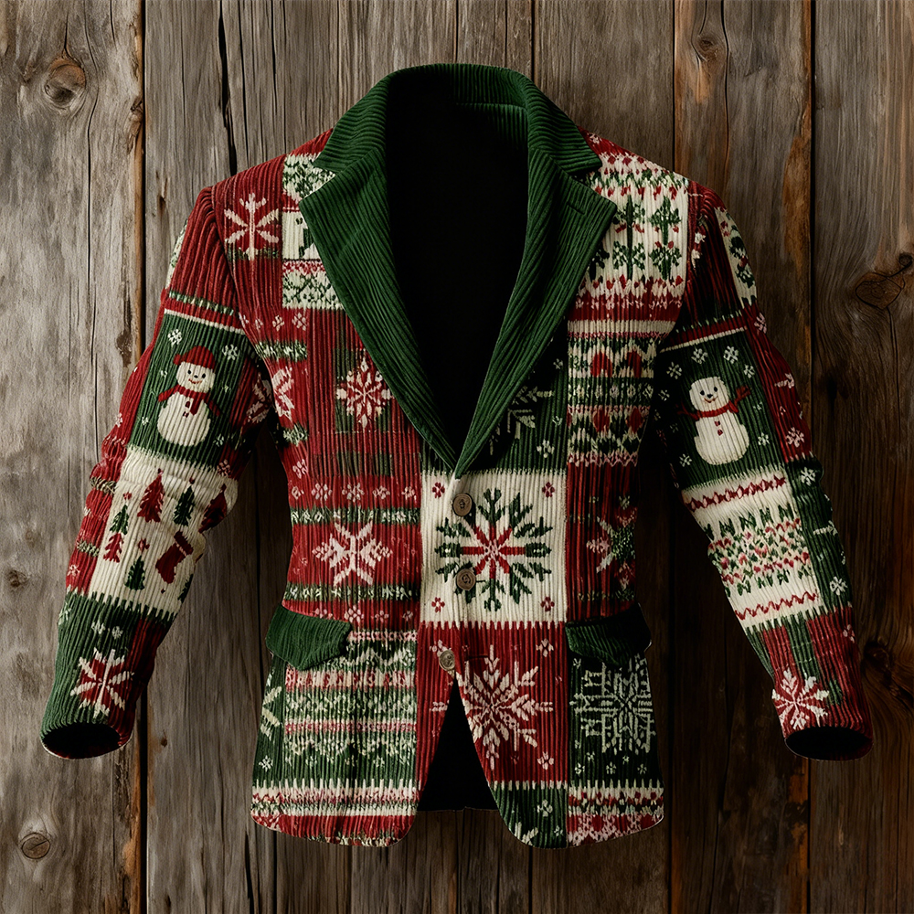 Men's Vintage Christmas Patchwork Art Cozy Corduroy Suit elevenforest