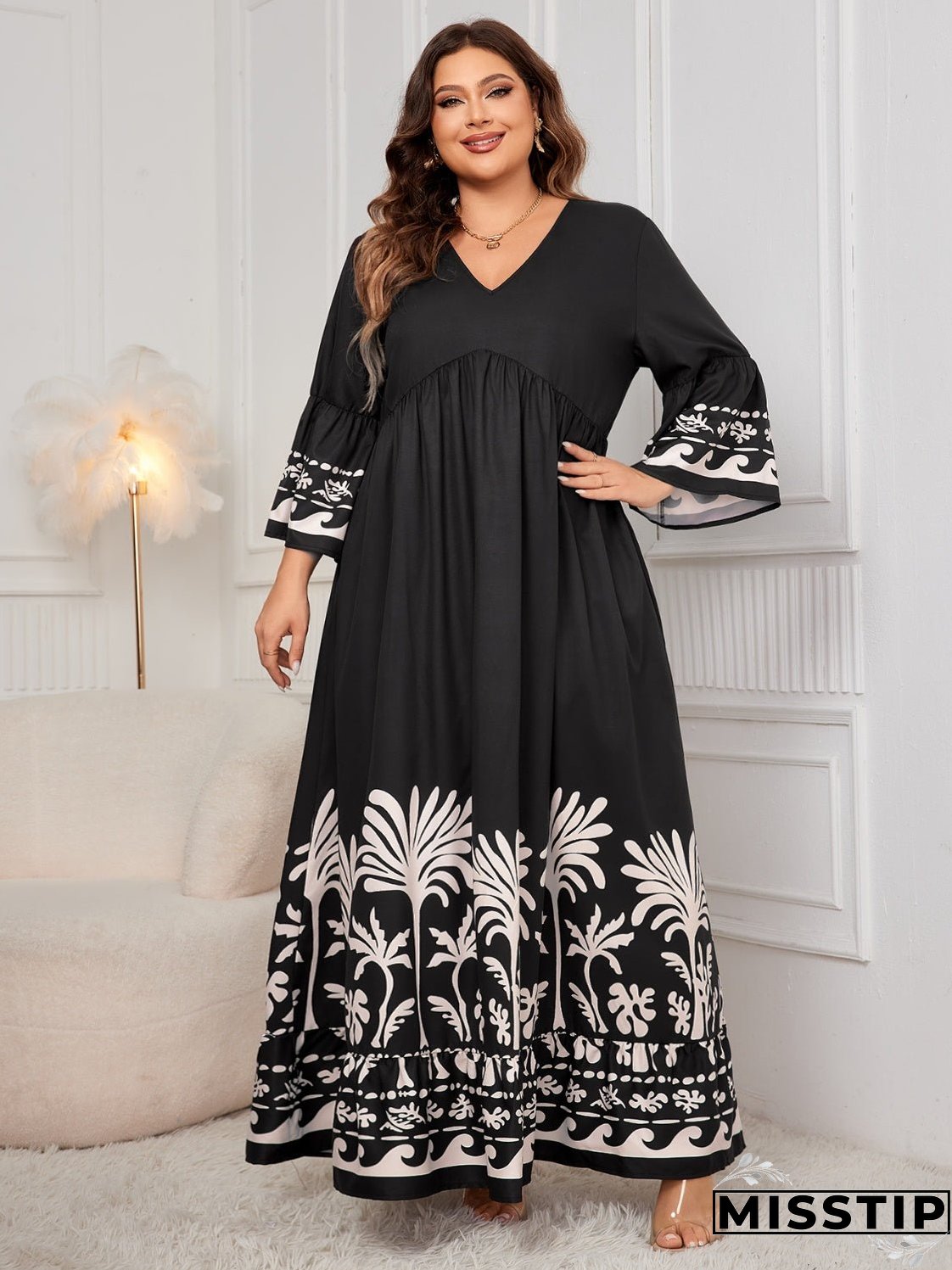 Plus Size Printed V-Neck Long Sleeve Maxi Dress