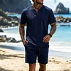 Men's Casual Linen Henley T-Shirt And Shorts Set by Inlyline