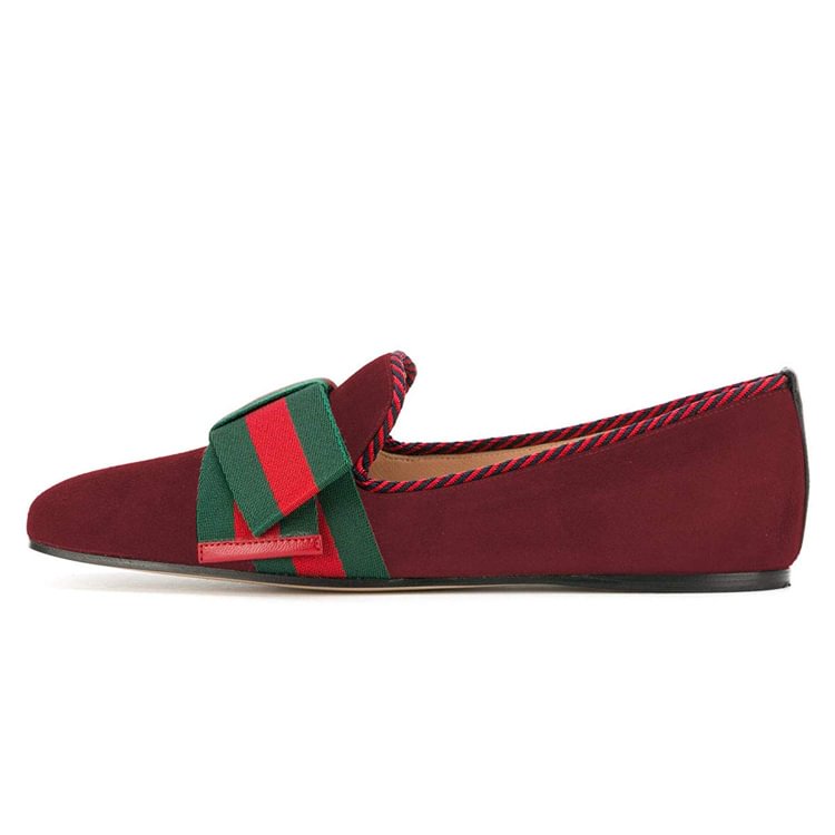 Burgundy Flat Loafers for Women with Green and Red Bow |FSJ Shoes