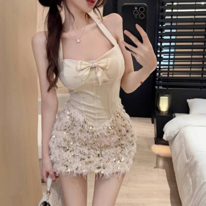 Women Vintage Sequins Bow Luxury Elegant Party Dresses Summer Sexy Halter Backless Sleeveless Bodycon Club Mini Dress