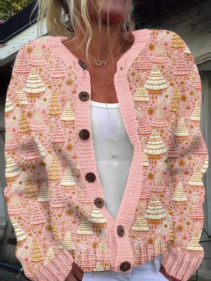 Women's Christmas Tree Print Knit Cardigan