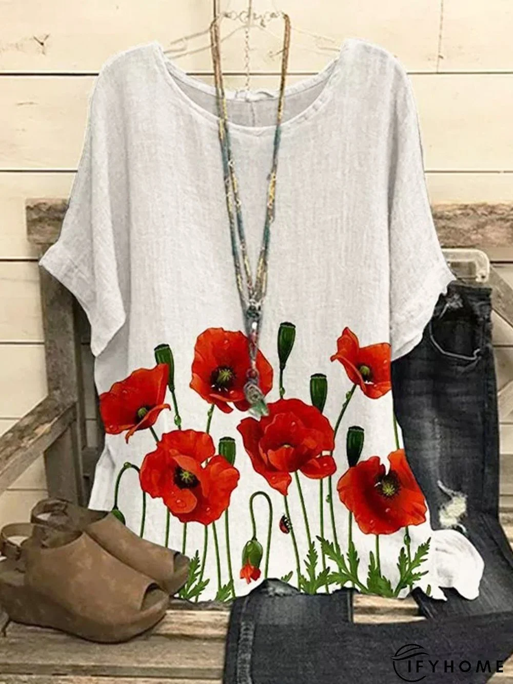 Casual Floral Loosen Round Neck Short Sleeve Tops | IFYHOME