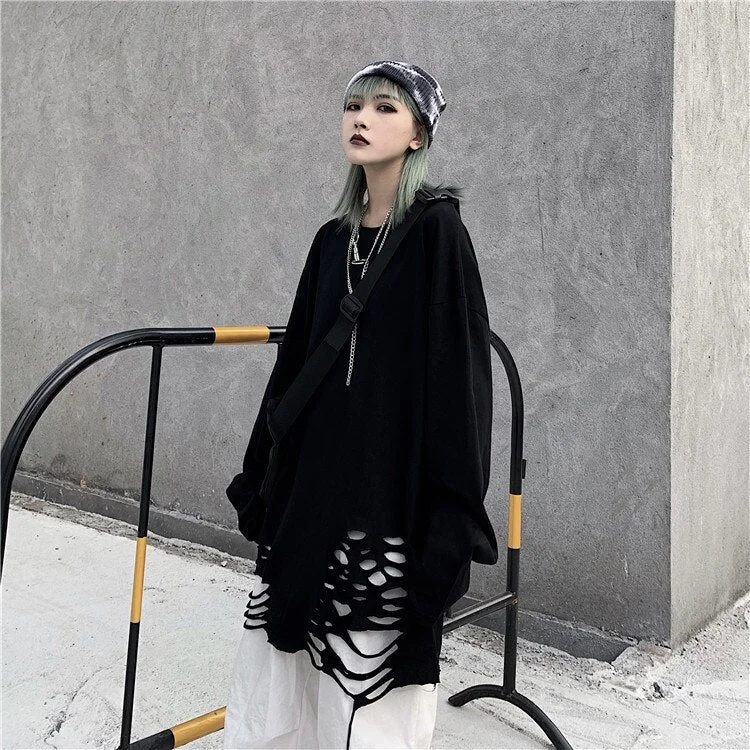 uforever21 Oversized Harajuku Punk Hole T-shirt Women Men Grunge Top Harajuku Oversized T Shirt  Dark Academia Aesthetic Emo Clothing 90s