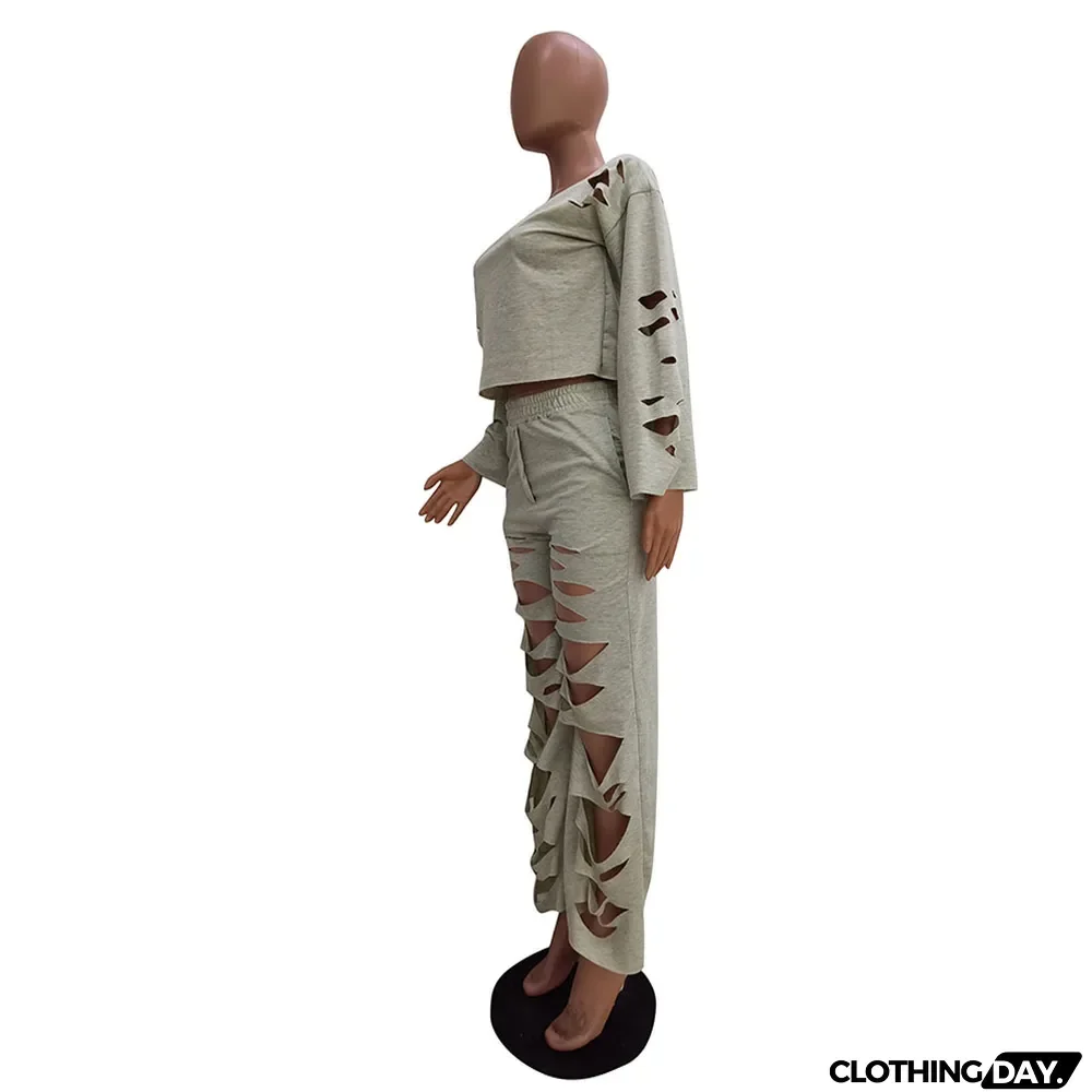 Casual Solid Color Ripped Flared Pants Suit