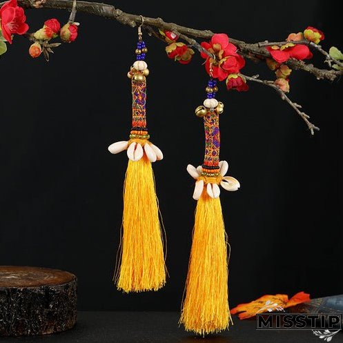 Retro national style contrast color pommel Earrings exaggerated personality Bohemian holiday long tassel temperament Earrings women