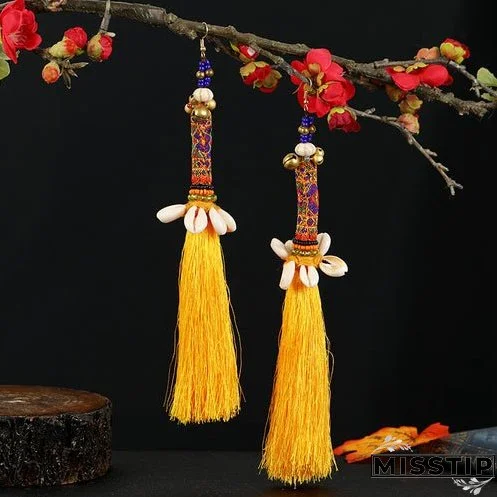 Retro national style contrast color pommel Earrings exaggerated personality Bohemian holiday long tassel temperament Earrings women