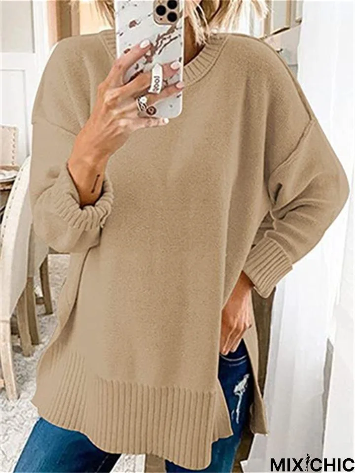 Crew Neck Sweater Long Sleeve Side Split Loose Pullover Sweater