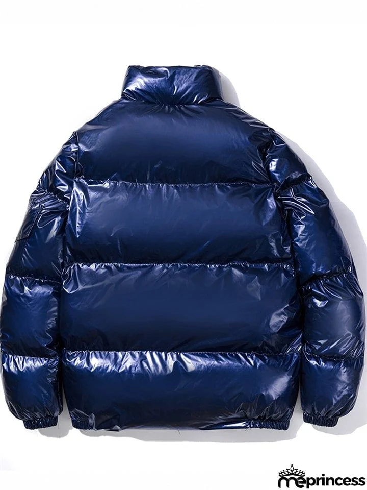 Trendy Casual Solid Zipper Stand Collar Loose Shiny Reflective Coats