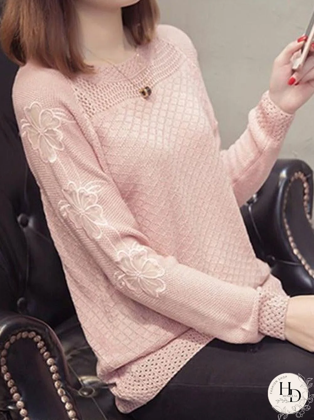 Round Neck Patchwork Elegant Plain Long Sleeve Knit Pullover