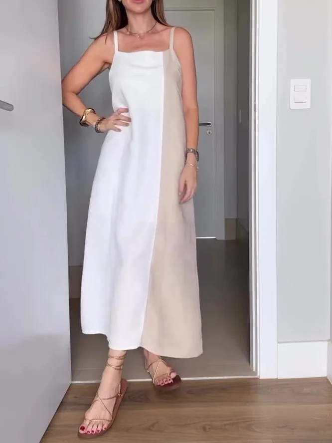 Contrast Color Suspender Dress