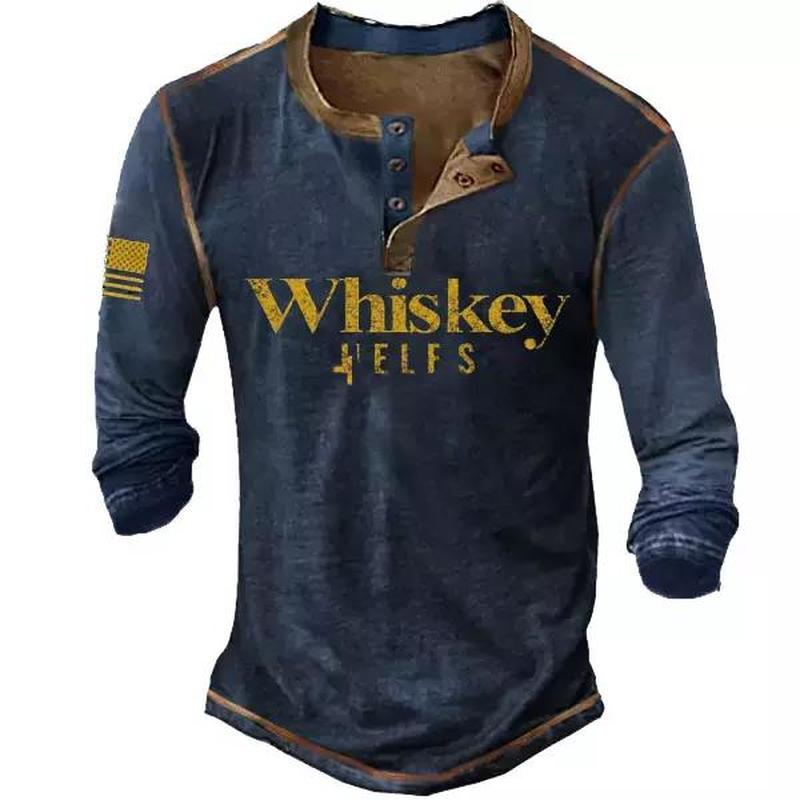 Men's Retro Whiskey American Flag Print Long Sleeve Henley T-Shirt