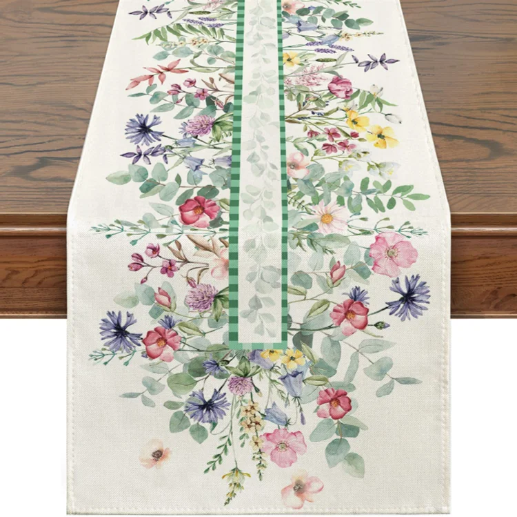 Spring Flowers Leaves Linen Table Runner Holiday Party Decorations Washable Dining Table Runner for Kitchen Table Decor