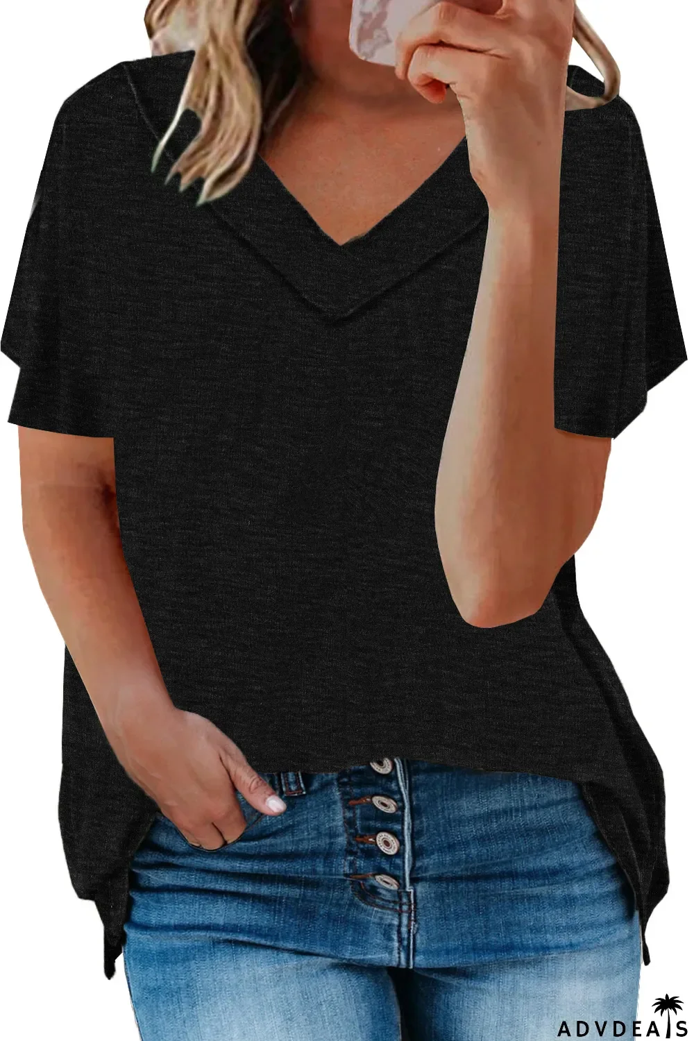 Black Oversized Mineral Wash Cotton Blend V Neck Short Sleeves Top