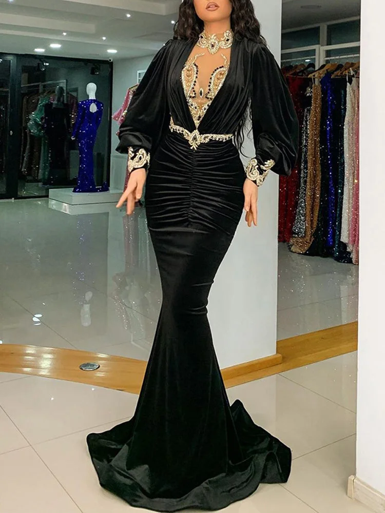 Promsstyle Promsstyle Sexy deep collar puff sleeve mermaid velvet maxi evening dress(underwear not included) Prom Dress 2023