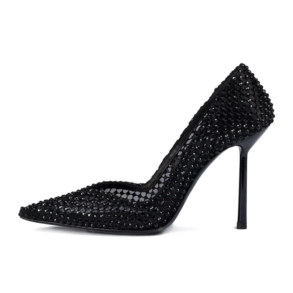 Rhinestone Studded Pointed Toe Stiletto Heel Black Pumps for Women