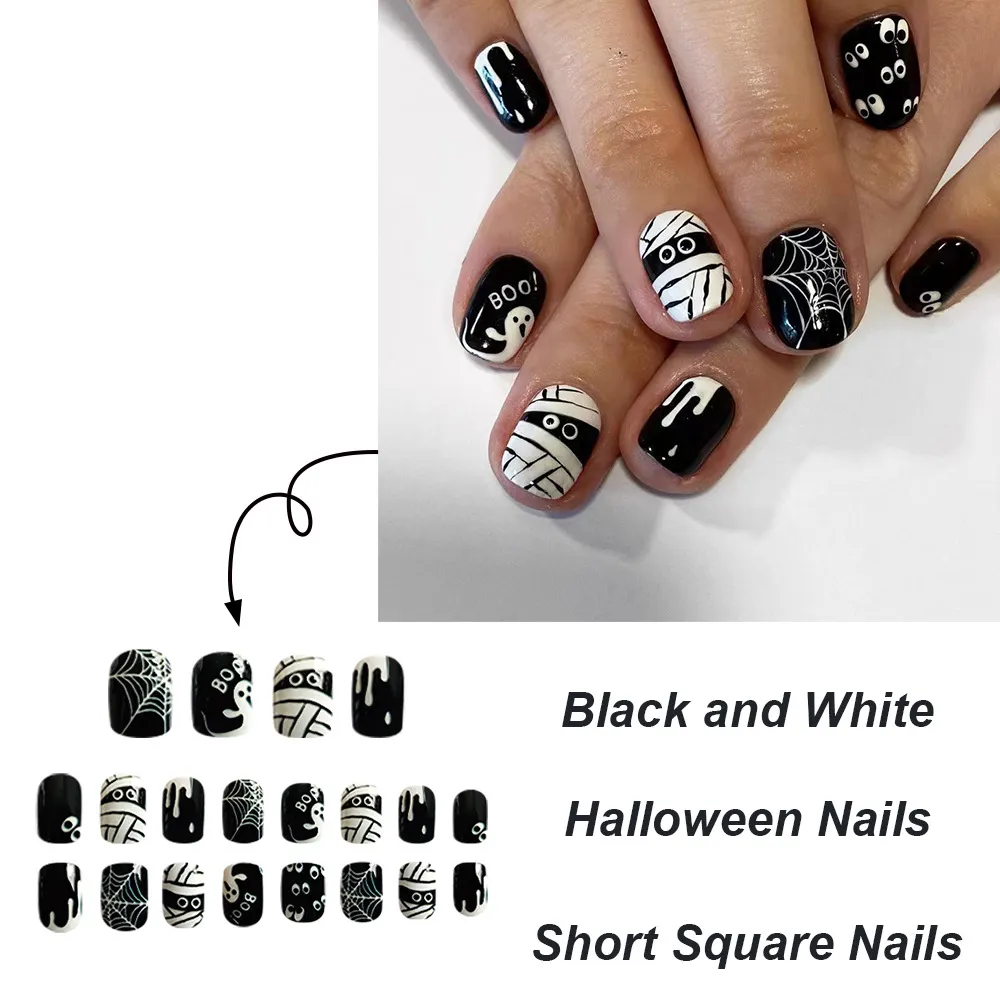 Churchf Churchf Short Square Armor Black And White Bandage Mummy Halloween Element Fake Nail Finished Wear Armor Holiday Nail